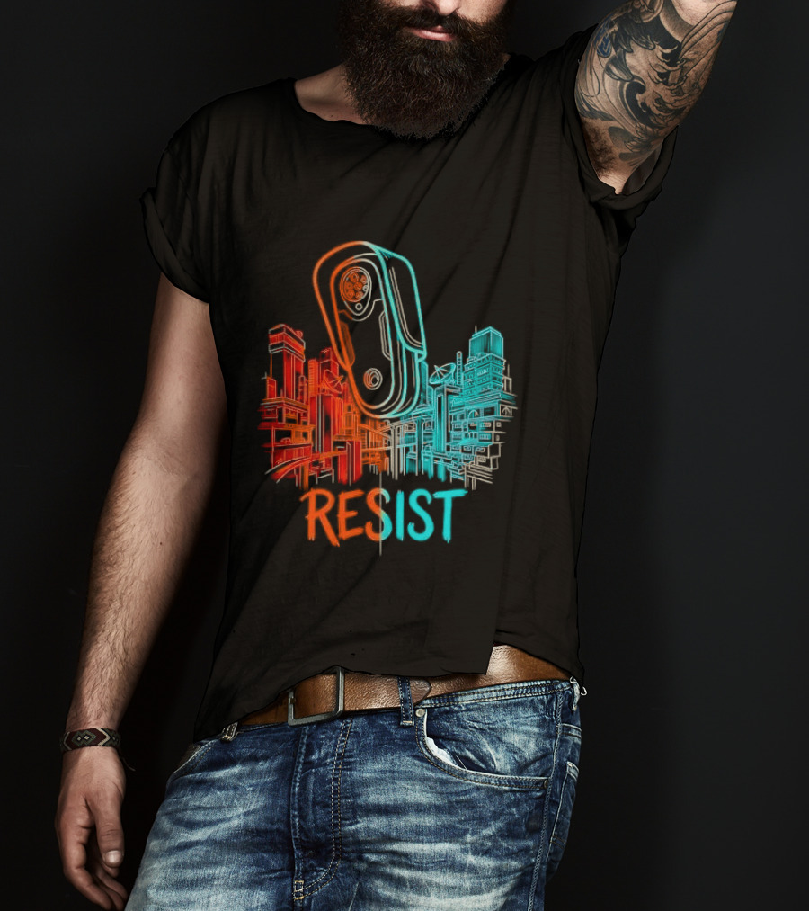 Resist Surveillance Neon City Skyline Security Camera T-Shirt