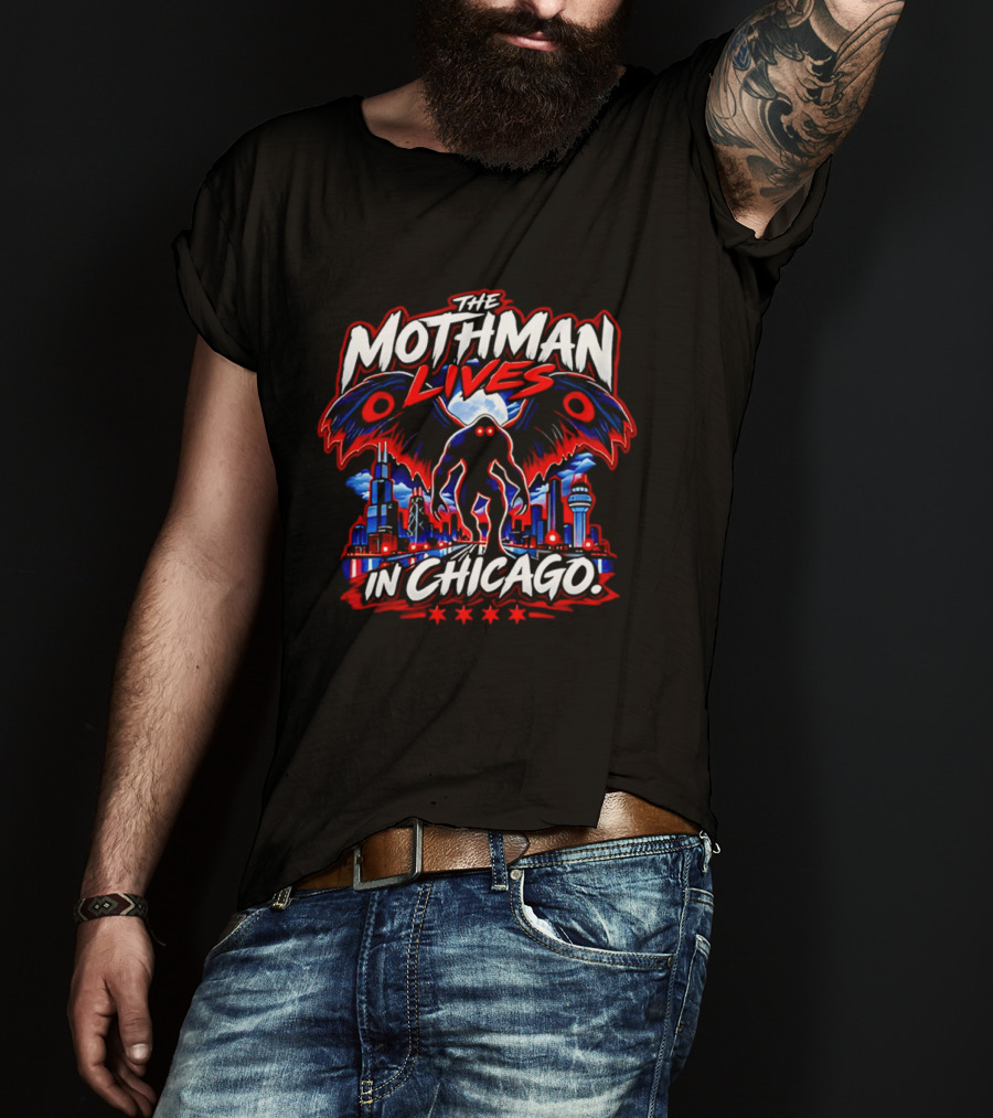 The Mothman Lives In Chicago Urban Legend Skyline Paranormal Mythology T-Shirt