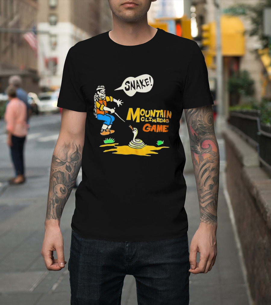 Snake Mountain Climbing Game Startled Climber Coiled Serpent Cartoon T-Shirt