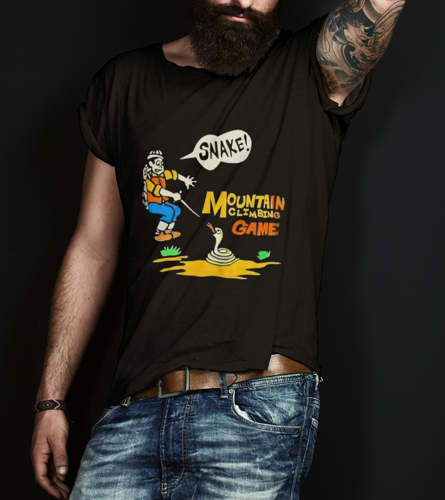 Snake Mountain Climbing Game Startled Climber Coiled Serpent Cartoon T-Shirt