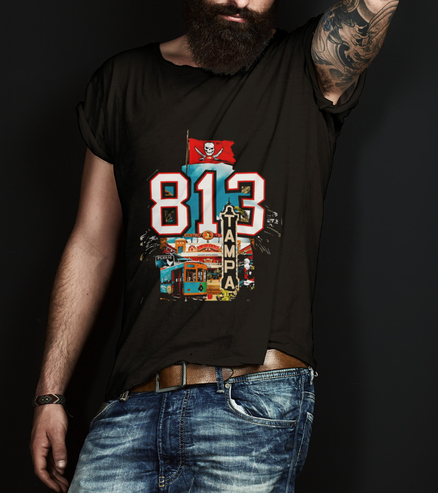 Tampa Bay Buccaneers 813 Day Celebration With Pirate Flag And Tampa Landmarks T-Shirt