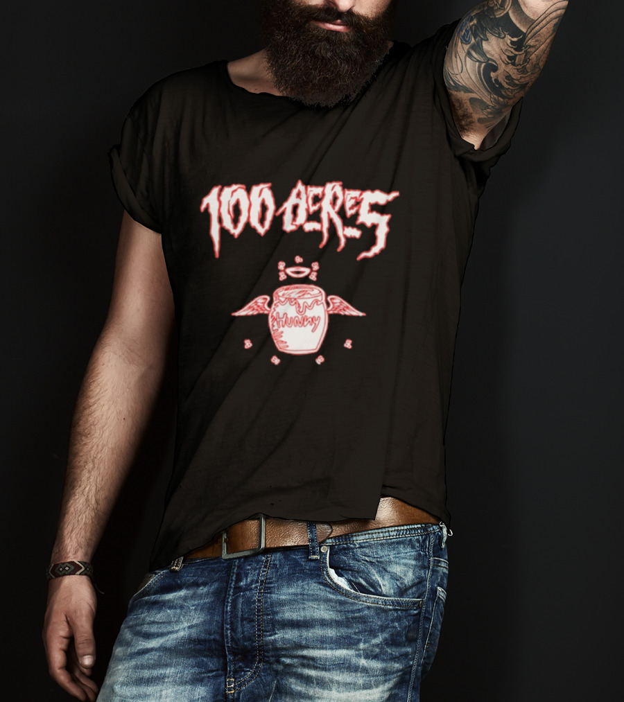 100 Acres Hunny Winged Honey Pot With Dripping Text And Doodles T-Shirt