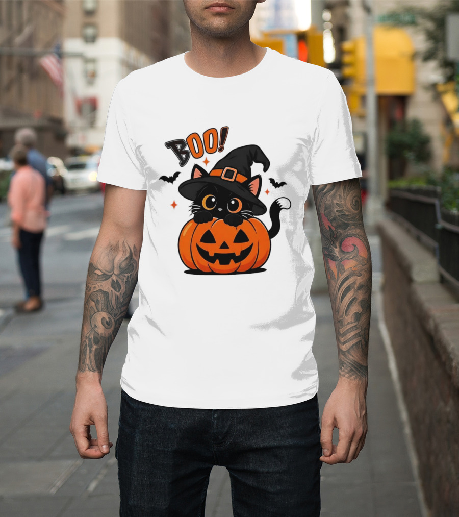 Boo Halloween Black Cat Witch Hat Jack O Lantern Pumpkin T-Shirt