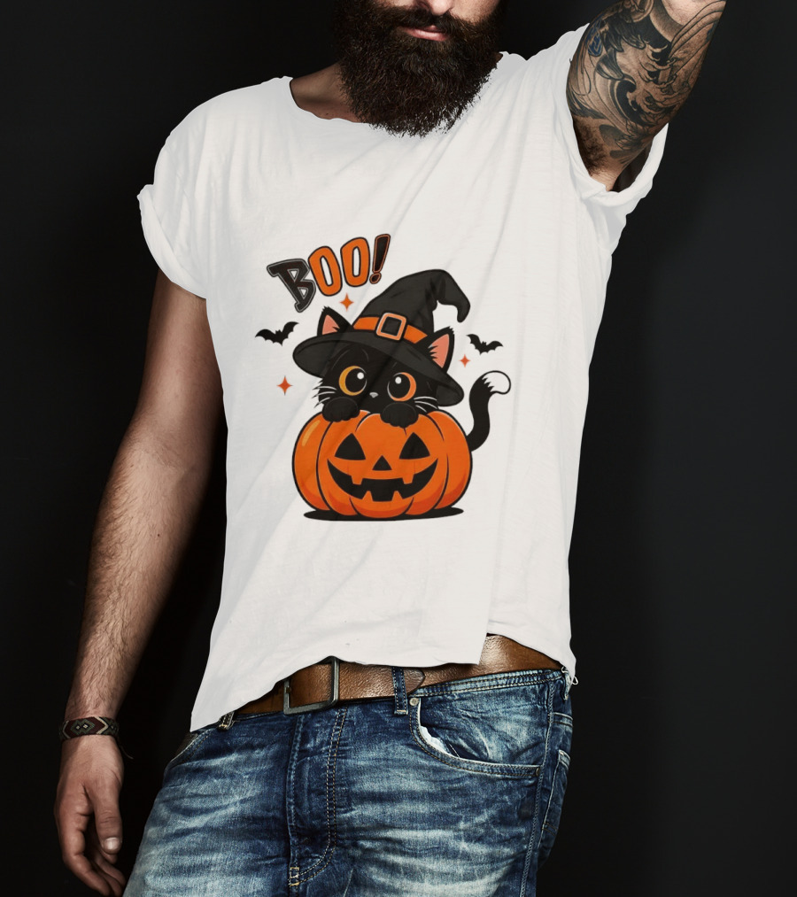 Boo Halloween Black Cat Witch Hat Jack O Lantern Pumpkin T-Shirt