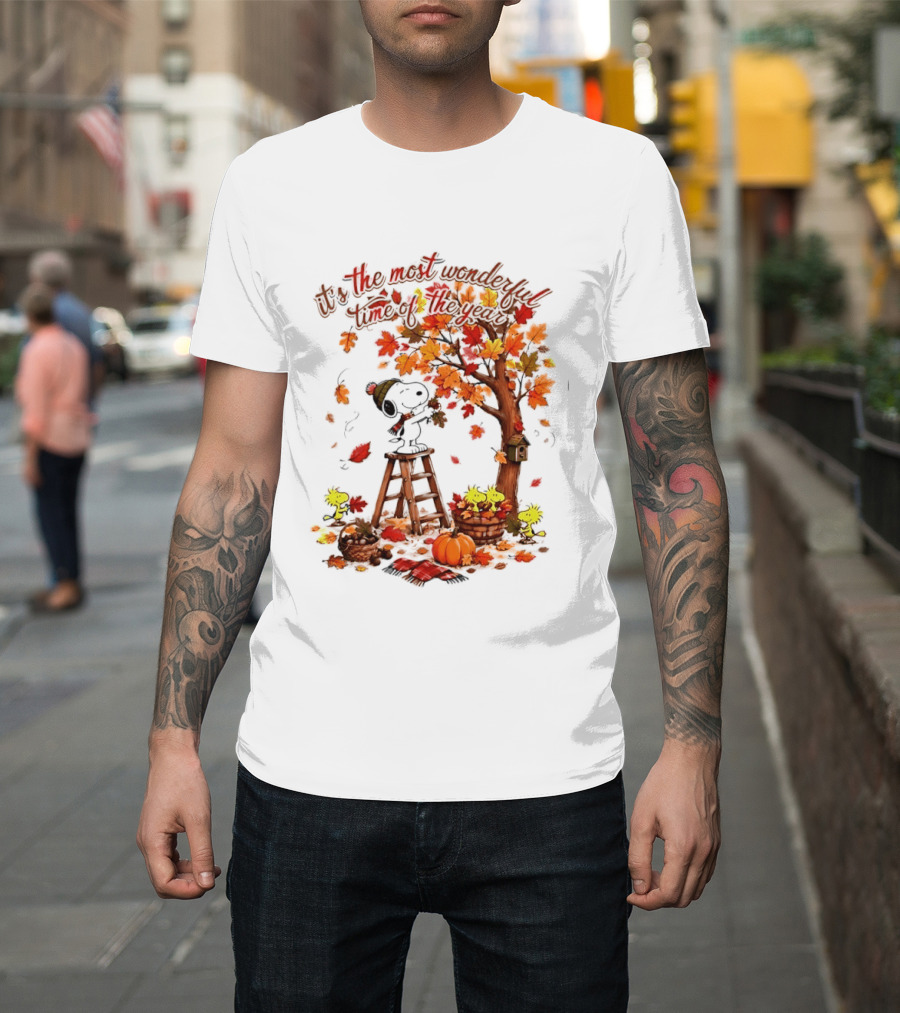 Snoopy It's The Most Wonderful Time Of The Year Autumn Tree Pumpkin Woodstock T-Shirt