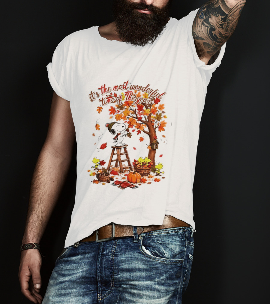 Snoopy It's The Most Wonderful Time Of The Year Autumn Tree Pumpkin Woodstock T-Shirt