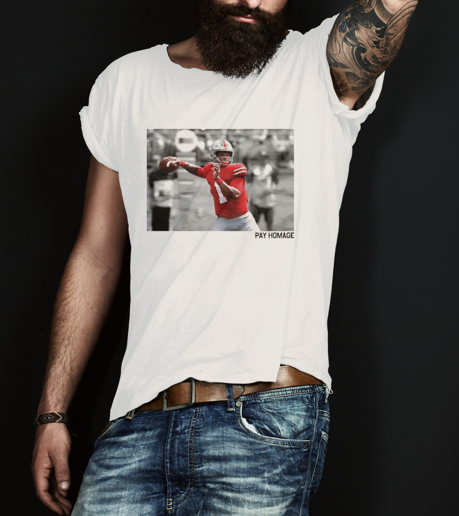 Ohio State Buckeyes NCAA Pay Homage Quarterback Throwing Football Selective Color Photo T-Shirt