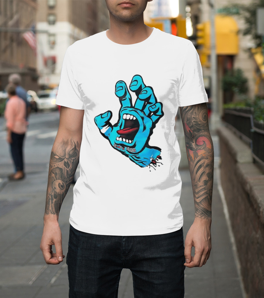 Santa Cruz Blue Screaming Hand Open Mouth Tongue Cartoon T-Shirt