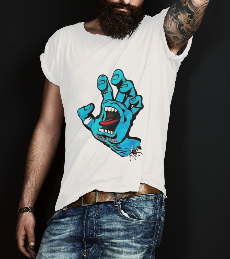 Santa Cruz Blue Screaming Hand Open Mouth Tongue Cartoon T-Shirt