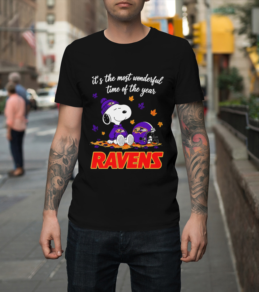 Baltimore Ravens It's The Most Wonderful Time Of Year Snoopy Sitting Leaves Football Helmet T-Shirt