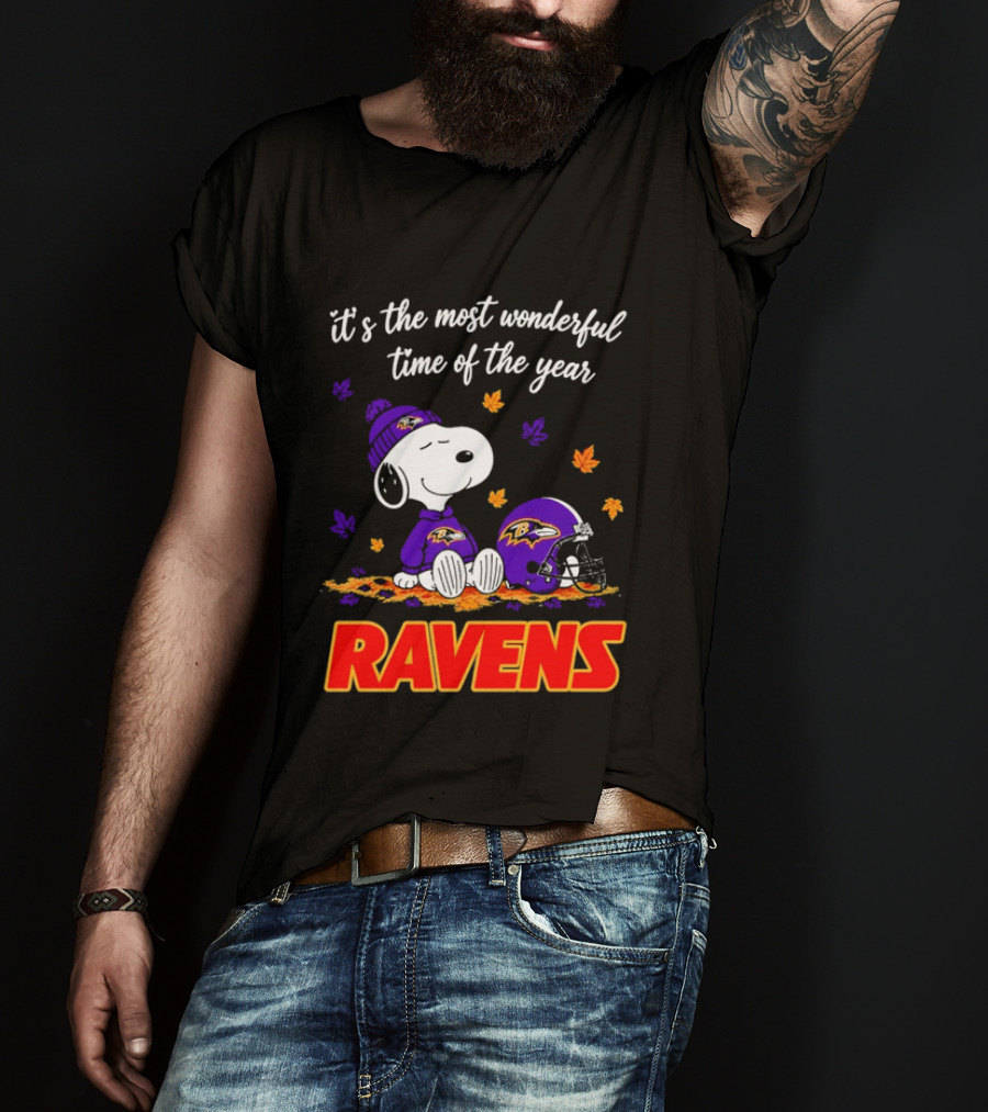 Baltimore Ravens It's The Most Wonderful Time Of Year Snoopy Sitting Leaves Football Helmet T-Shirt