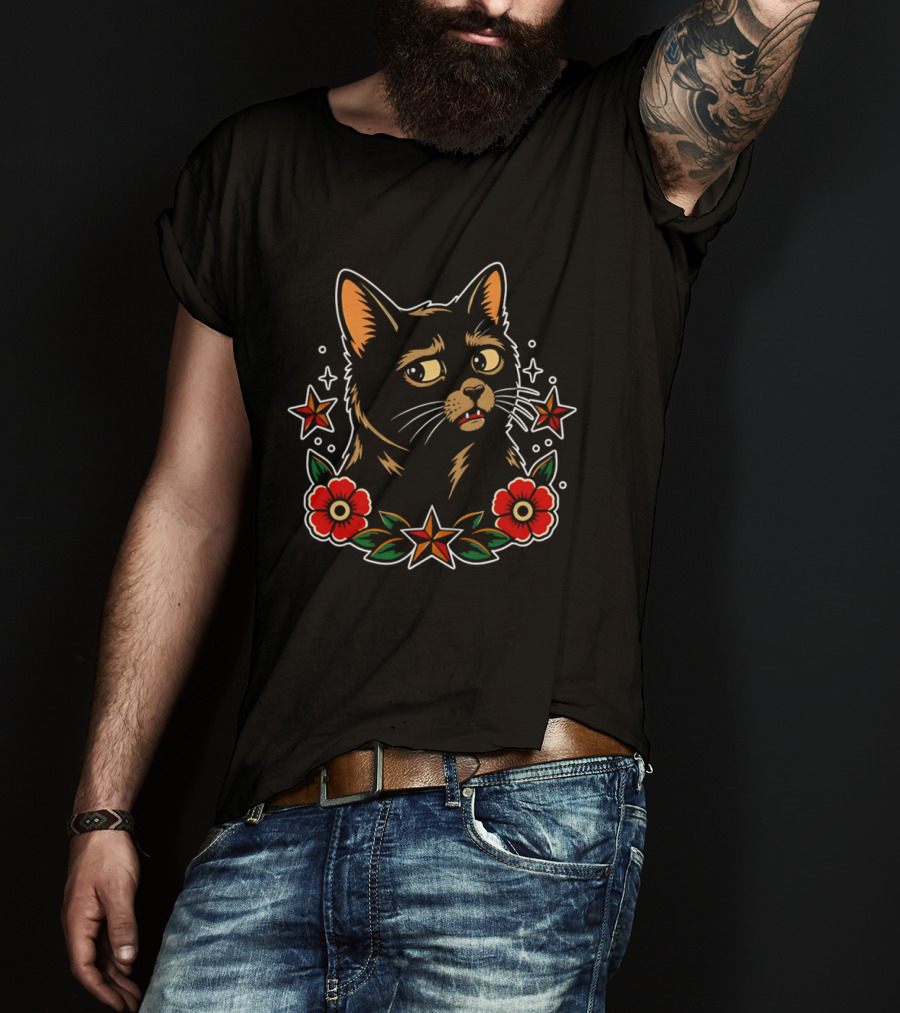Black Cat Surrounded By Stars And Red Flowers T-Shirt