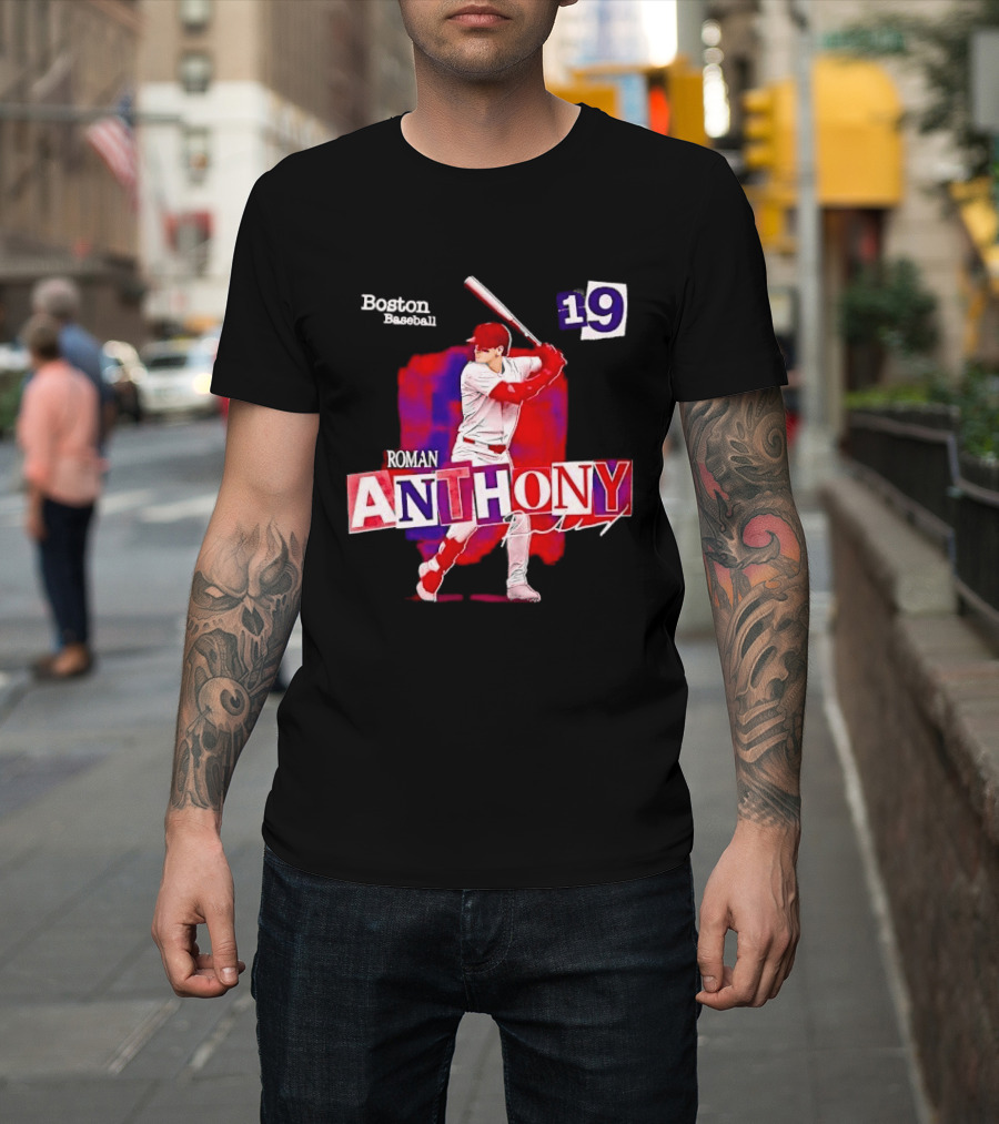 Boston Baseball 19 Roman Anthony Player Batting Red Paint T-Shirt