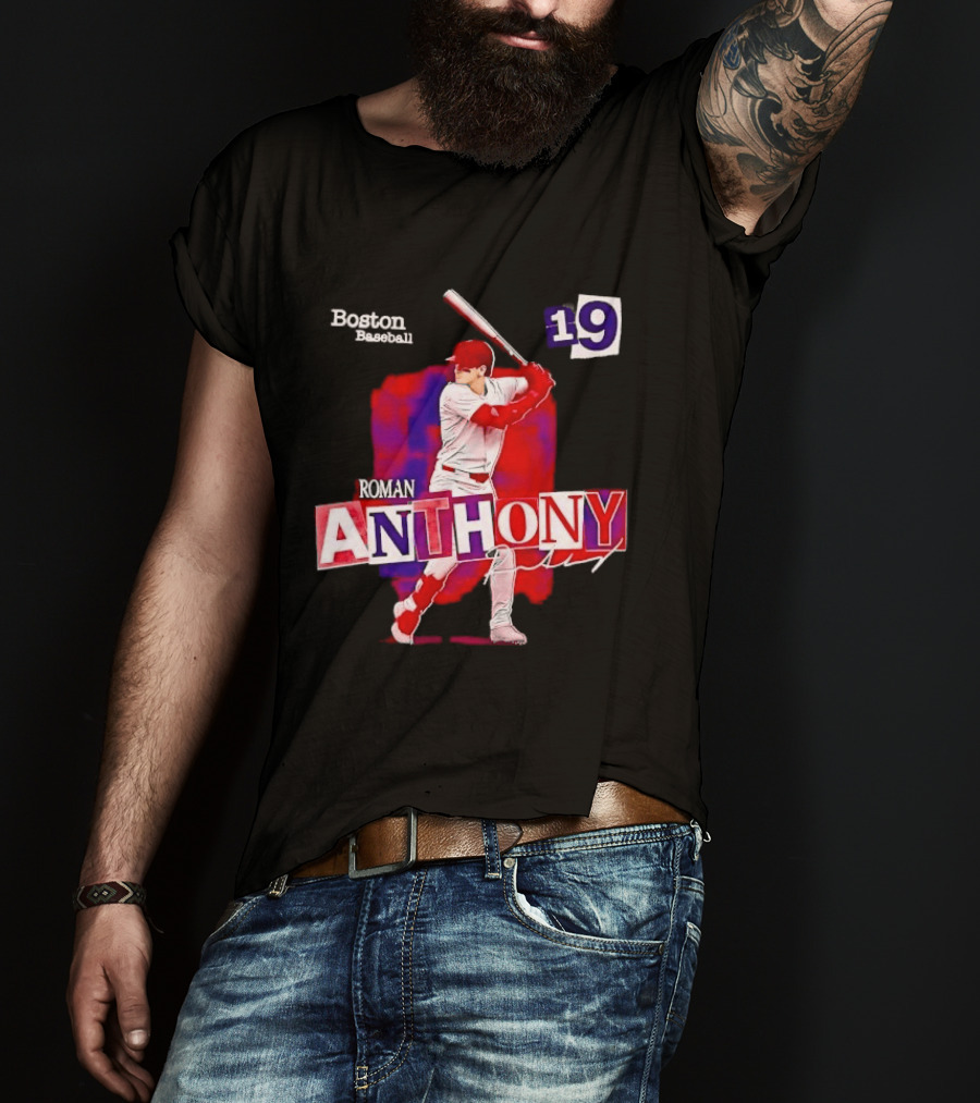 Boston Baseball 19 Roman Anthony Player Batting Red Paint T-Shirt