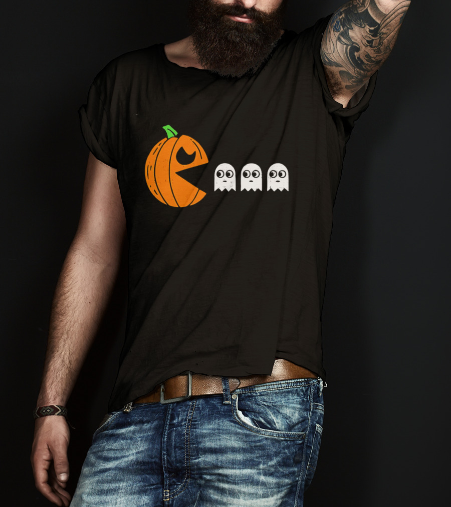 Halloween Pumpkin Pac Man Chasing White Ghosts Distressed Cartoon T-Shirt