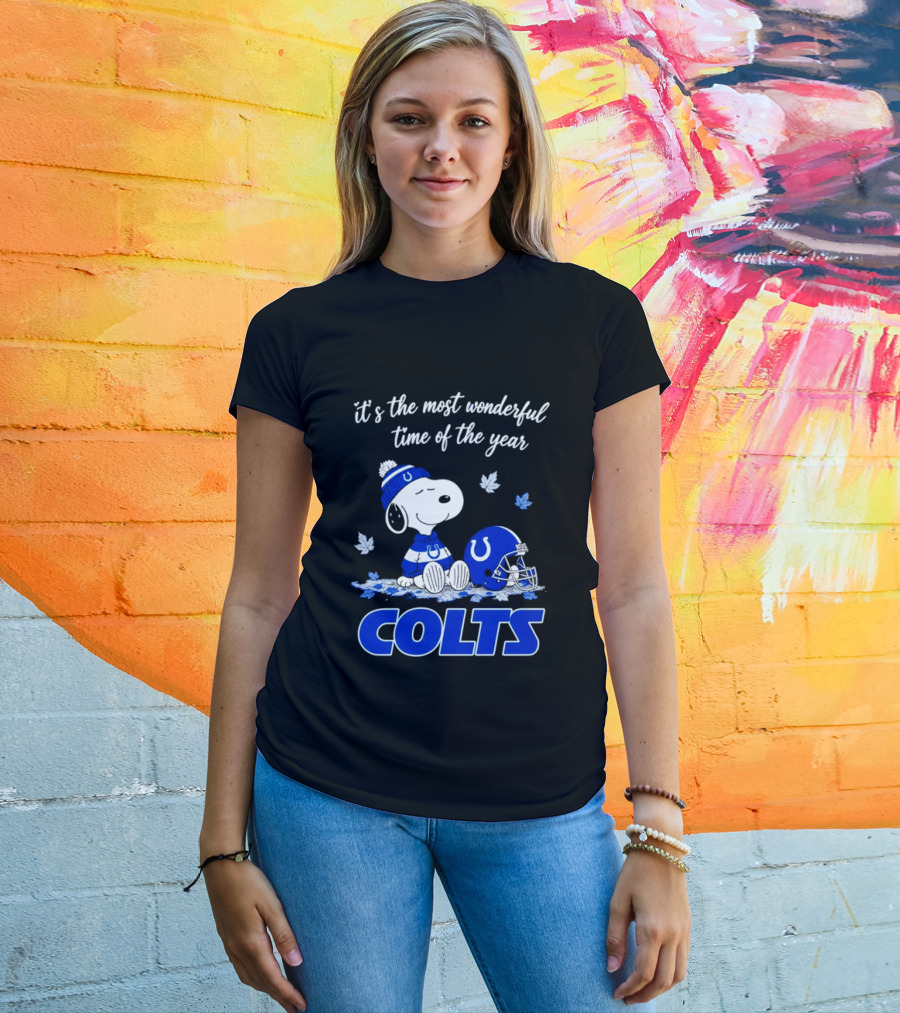 Indianapolis Colts Snoopy Beanie Helmet Leaves It's The Most Wonderful Time Of The Year T-Shirt