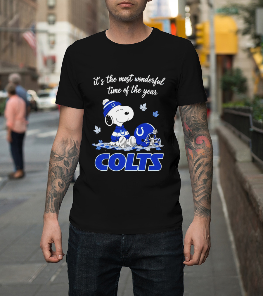 Indianapolis Colts Snoopy Beanie Helmet Leaves It's The Most Wonderful Time Of The Year T-Shirt