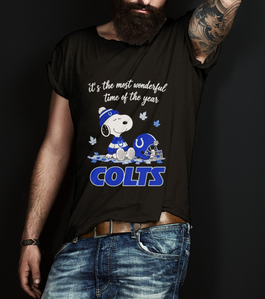 Indianapolis Colts Snoopy Beanie Helmet Leaves It's The Most Wonderful Time Of The Year T-Shirt