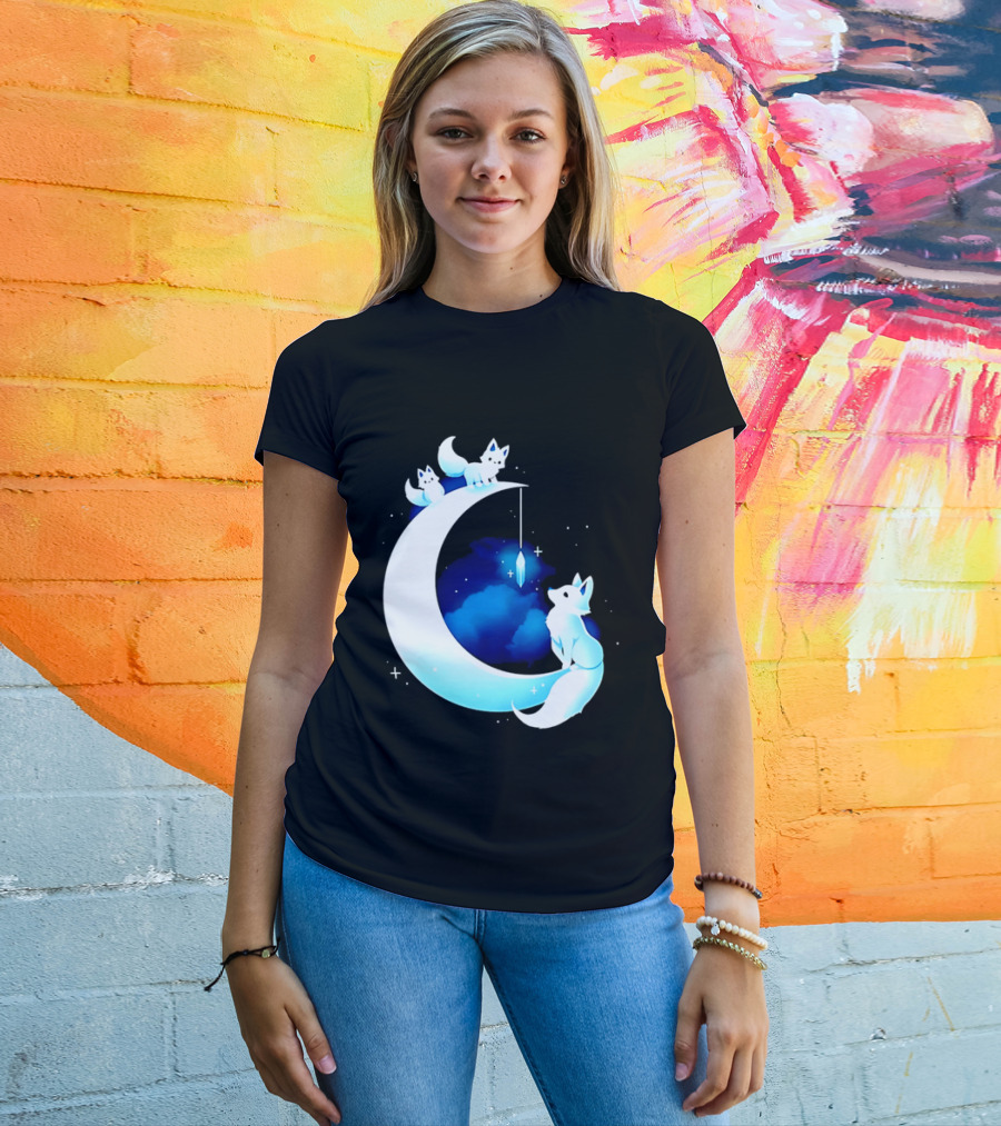 Glowing White Arctic Foxes Crescent Moon Crystal Night Sky T-Shirt