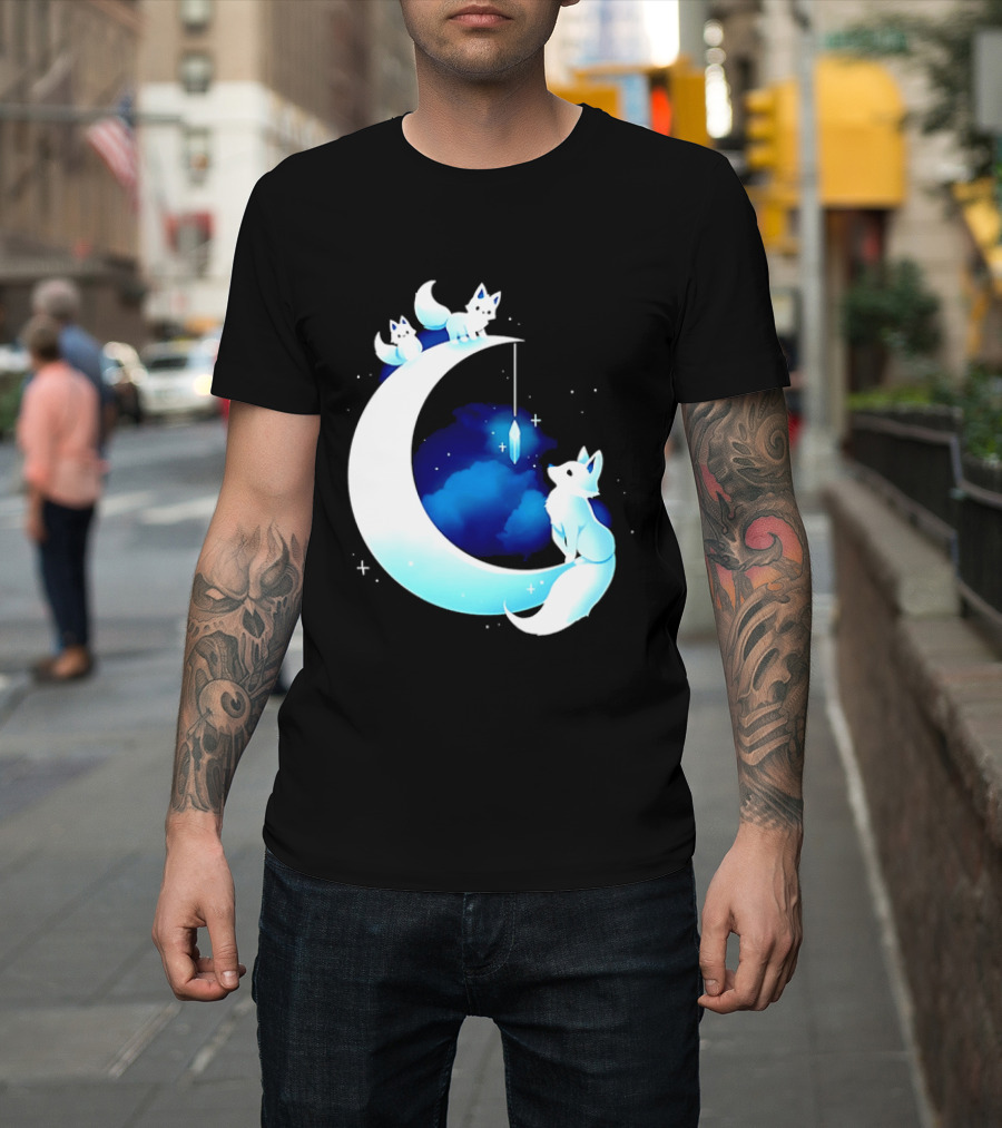 Glowing White Arctic Foxes Crescent Moon Crystal Night Sky T-Shirt