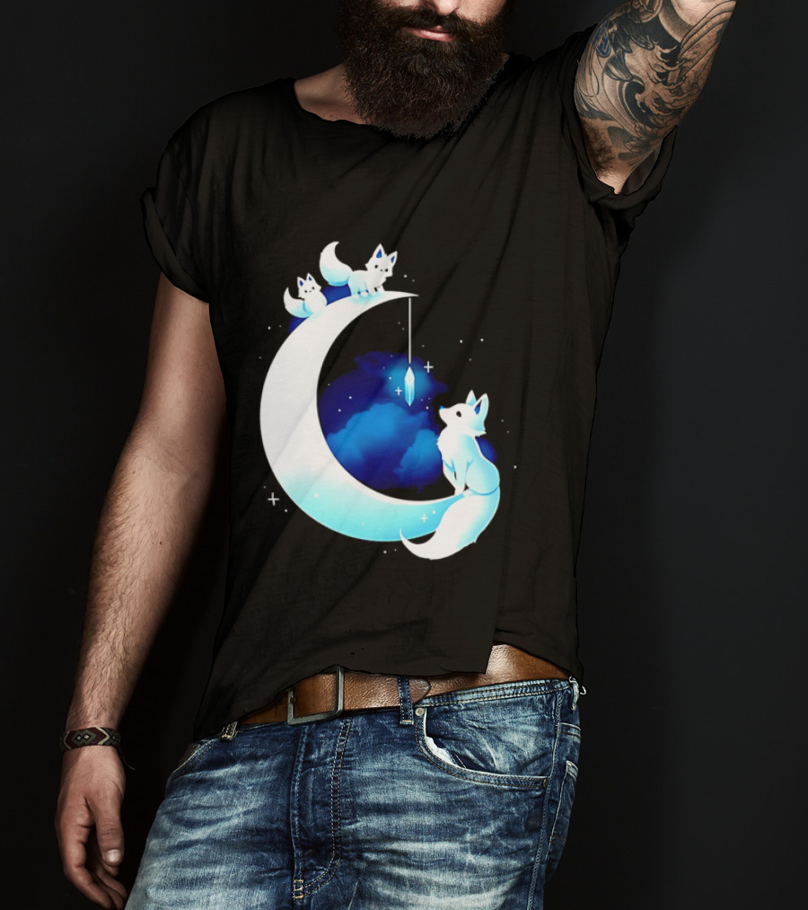 Glowing White Arctic Foxes Crescent Moon Crystal Night Sky T-Shirt