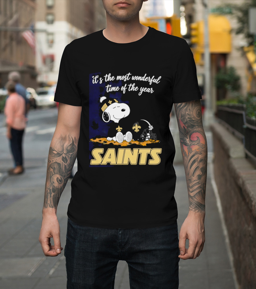 New Orleans Saints Snoopy Beanie Helmet Autumn Leaves Most Wonderful Time Of Year T-Shirt