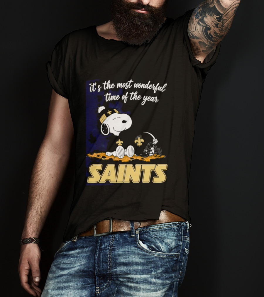 New Orleans Saints Snoopy Beanie Helmet Autumn Leaves Most Wonderful Time Of Year T-Shirt
