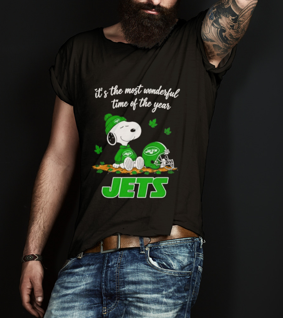 New York Jets It's The Most Wonderful Time Of Year Cartoon Dog Beanie Helmet Autumn Leaves T-Shirt