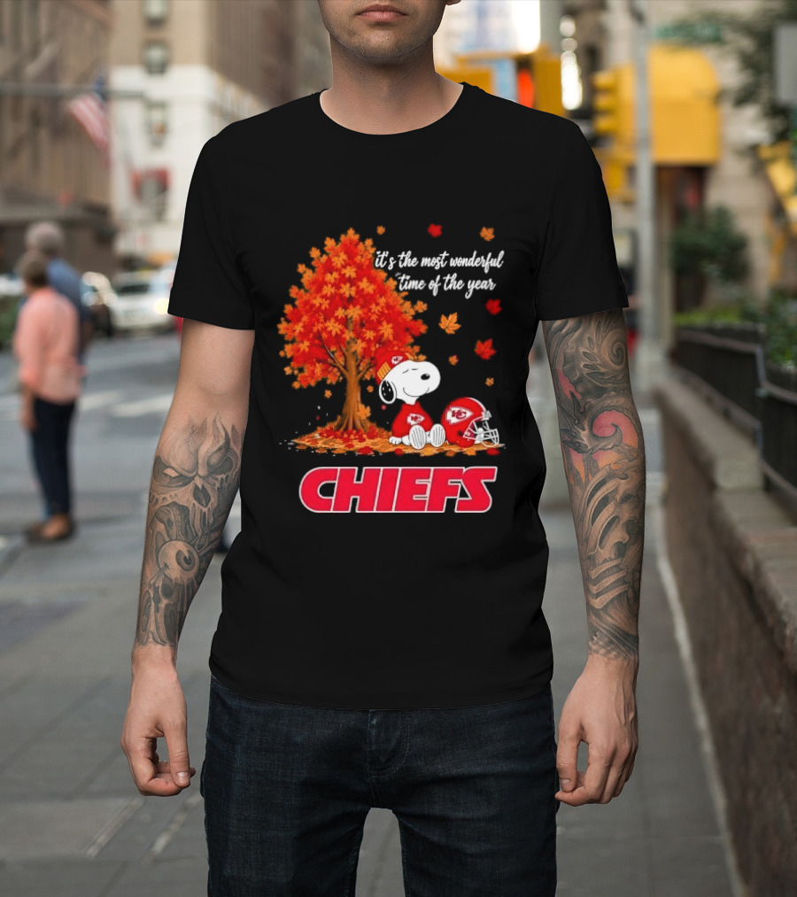 Kansas City Chiefs Snoopy Autumn Tree Football Helmet Most Wonderful Time Of The Year T-Shirt