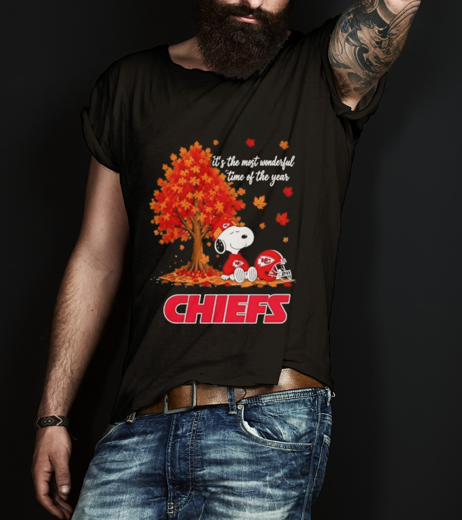 Kansas City Chiefs Snoopy Autumn Tree Football Helmet Most Wonderful Time Of The Year T-Shirt