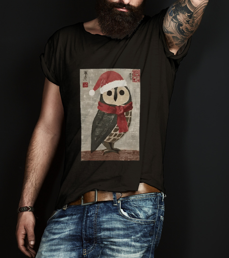 Owl With Red Santa Hat And Scarf Japanese Calligraphy T-Shirt