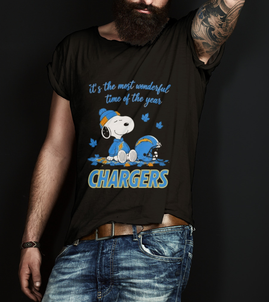 It's The Most Wonderful Time Of The Year Los Angeles Chargers Snoopy Sitting Helmet Falling Leaves T-Shirt