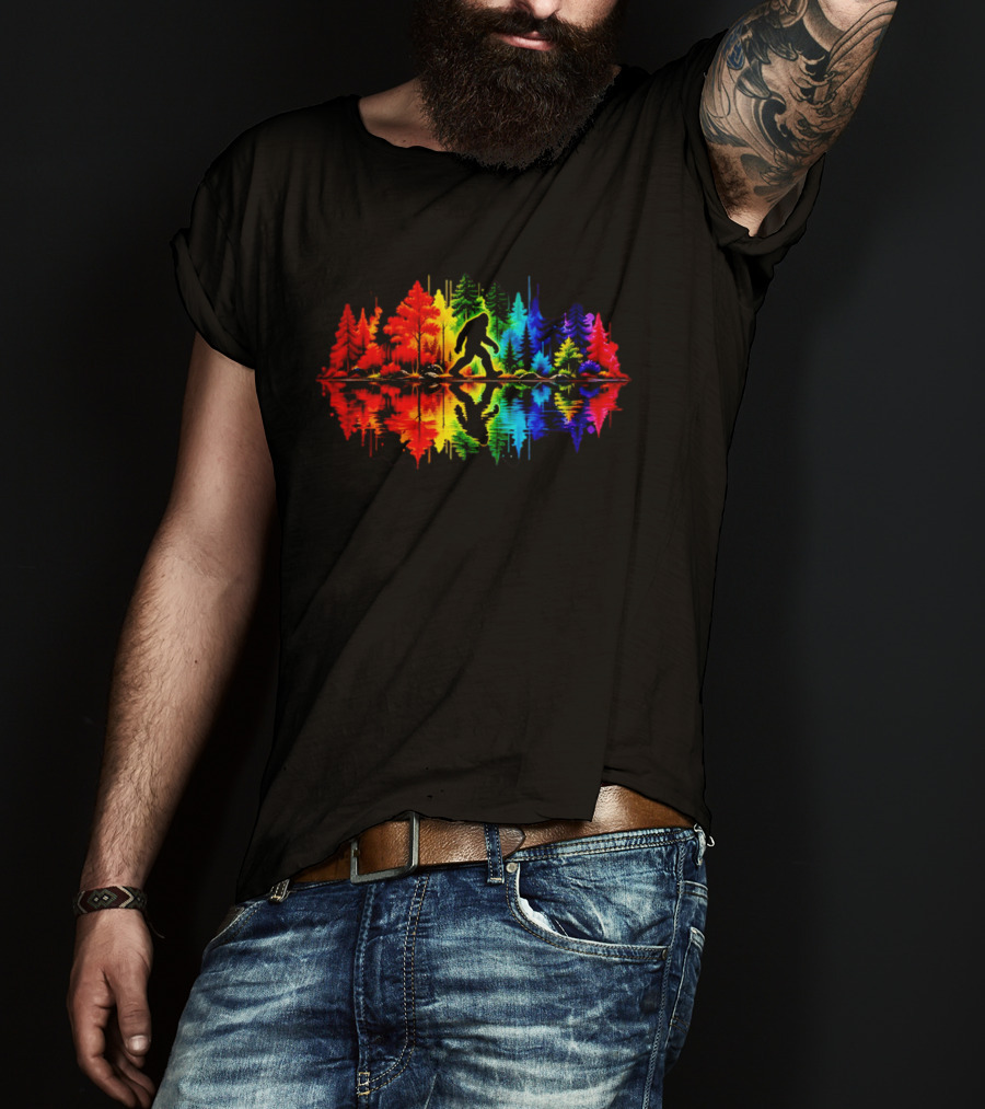 Rainbow Bigfoot Forest Reflection T-Shirt