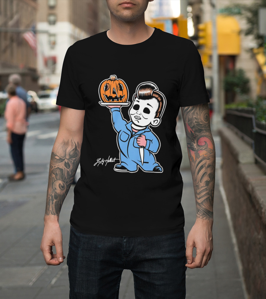 Lucky Hellcat Michael Myers Cartoon Pumpkin Knife Caricature T-Shirt