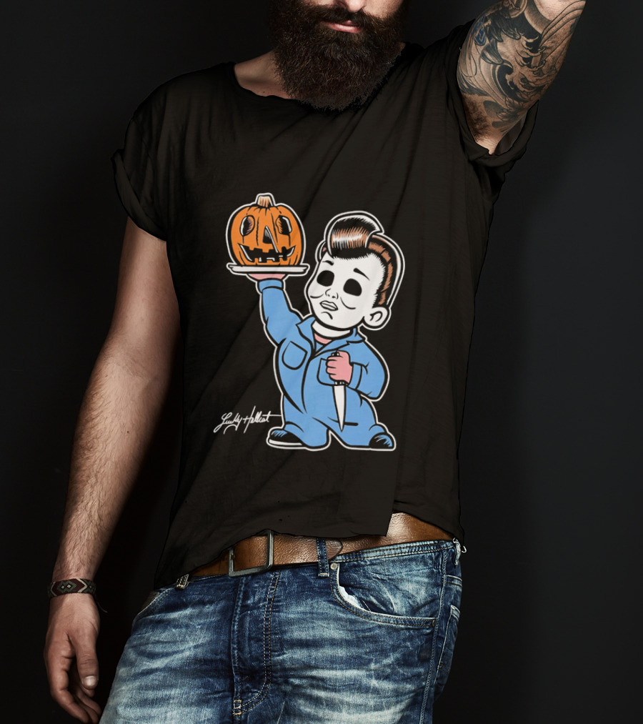 Lucky Hellcat Michael Myers Cartoon Pumpkin Knife Caricature T-Shirt