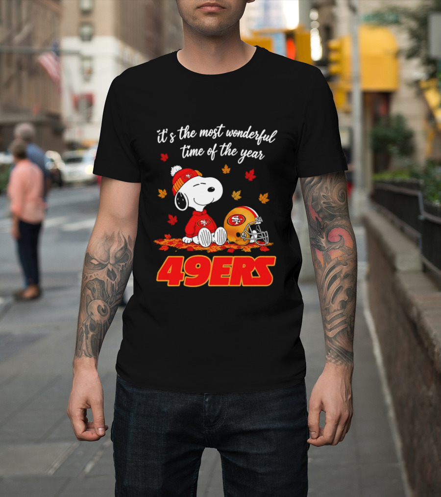 San Francisco 49ers Snoopy Beanie Autumn Leaves Most Wonderful Time T-Shirt