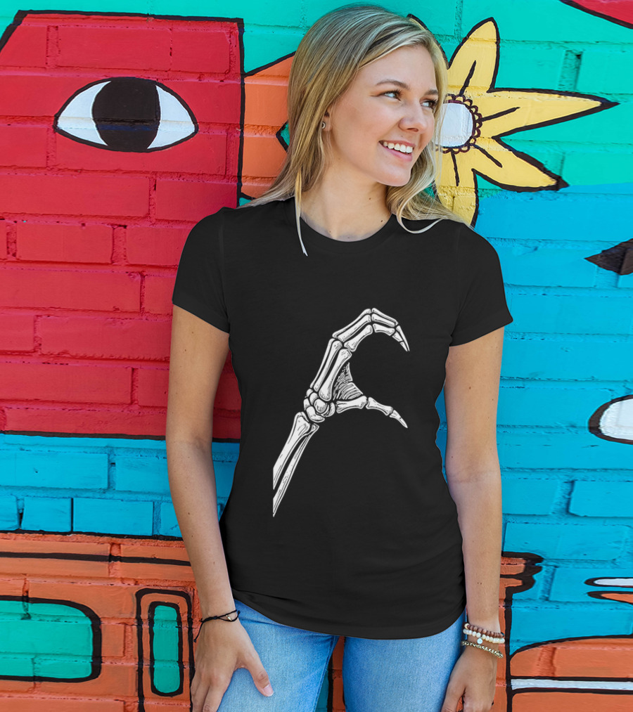 Skeleton Bone Hand Half Heart Gesture Line Sketch T-Shirt