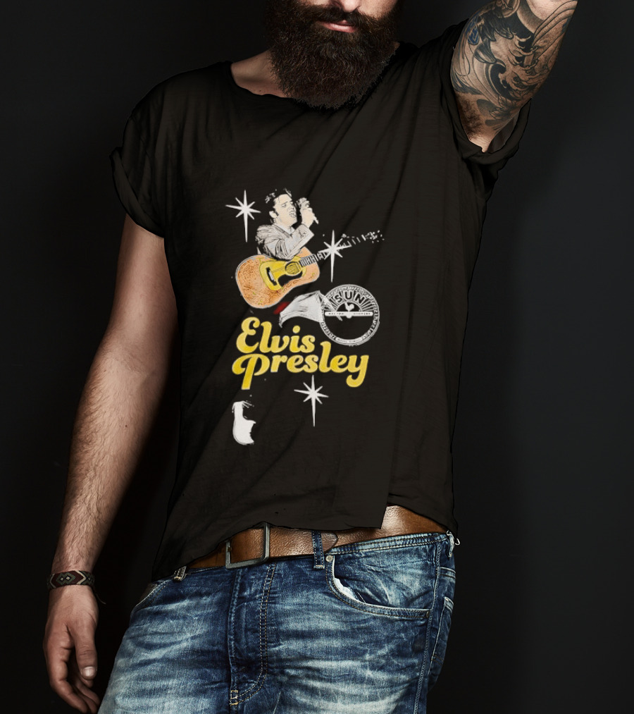 Sun Record Company Elvis Presley Playing Acoustic Guitar Starbursts T-Shirt