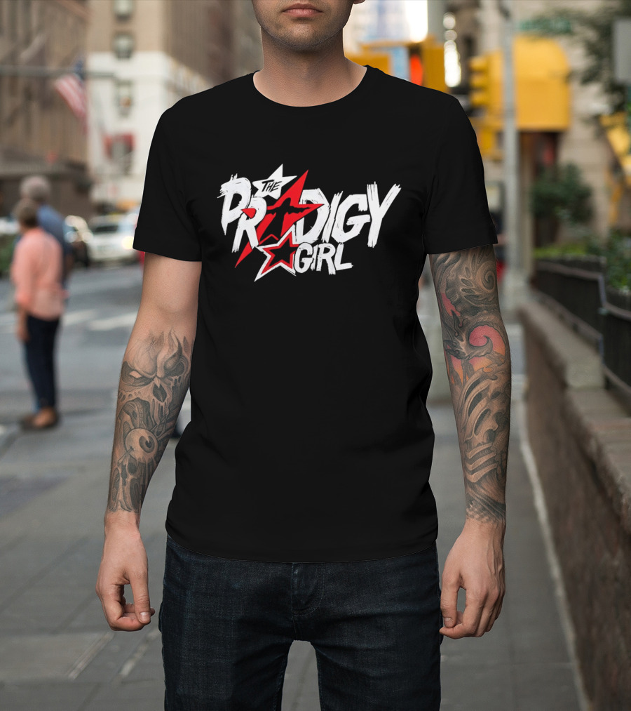 The Prodigy Girl Red White Stars Distressed Brush Lettering T-Shirt