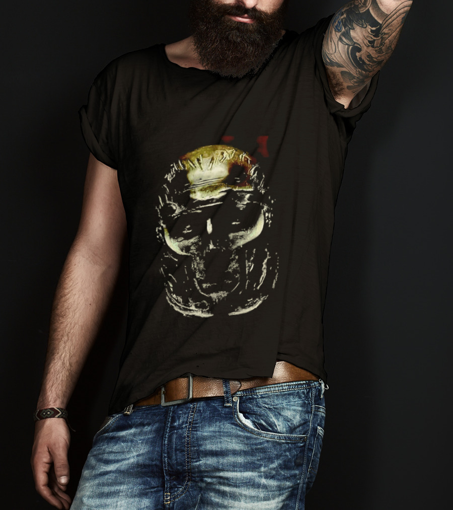 Dark Metallic Sculpted Skull Mask With Stylized Roman T-Shirt