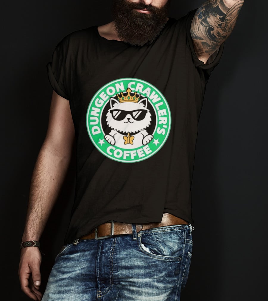 Dungeon Crawlers Coffee White Cat Crown Sunglasses T-Shirt