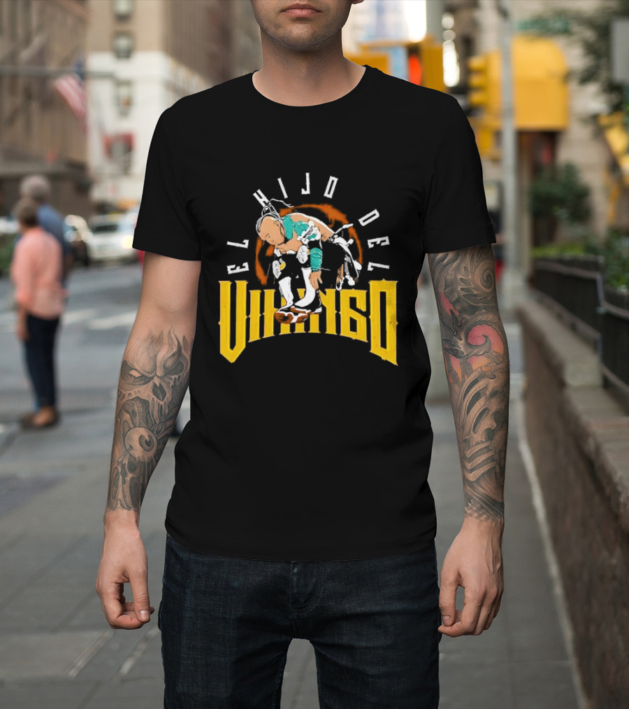El Hijo Del Vikingo Crouching Wrestler Brown Yellow Text And Image T-Shirt