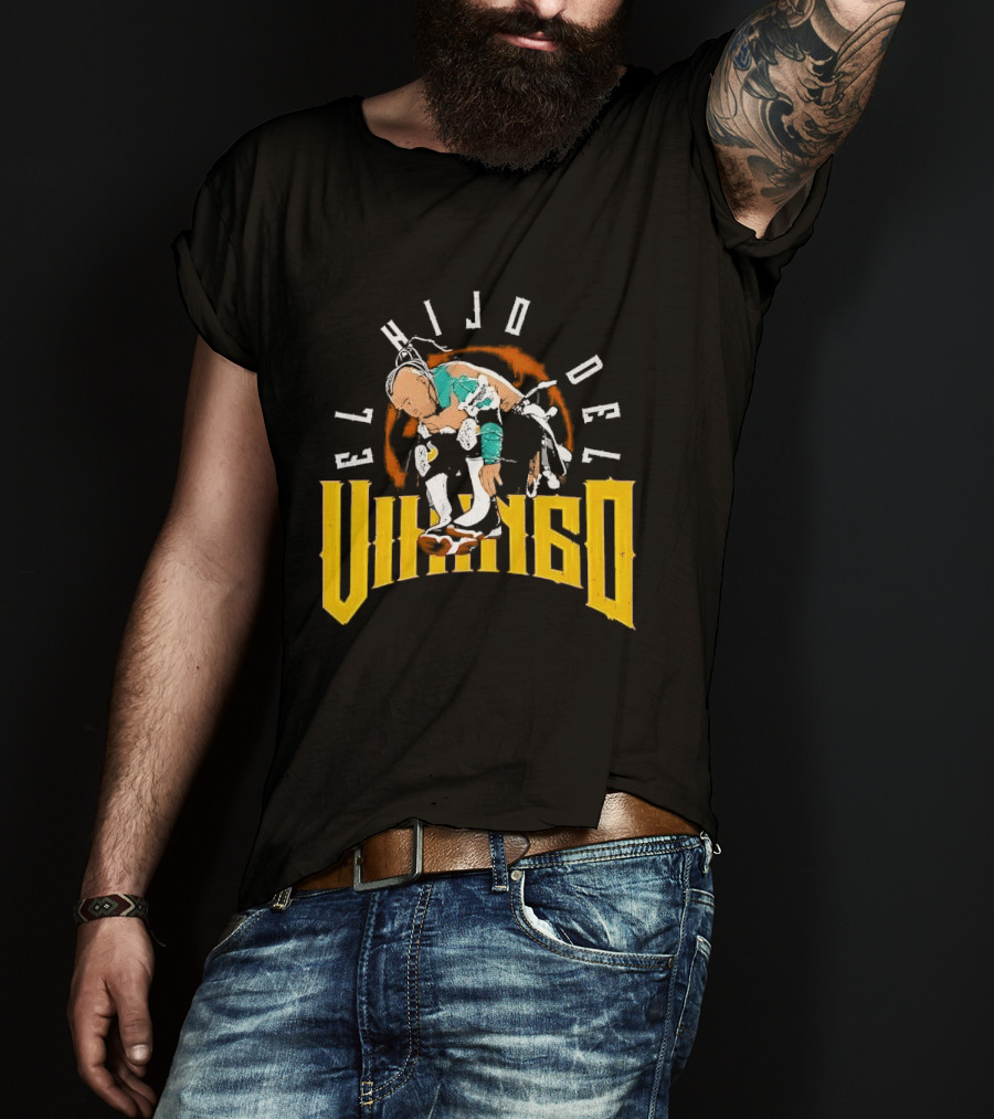 El Hijo Del Vikingo Crouching Wrestler Brown Yellow Text And Image T-Shirt