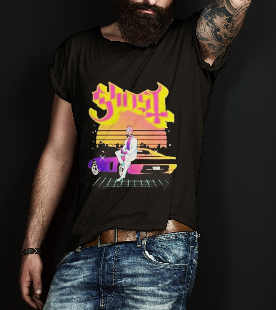 Ghost Miami Vice Retro Sunset Car Scene T-Shirt