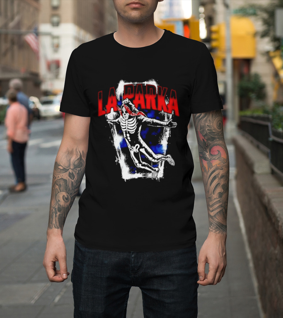 LA Parka Masked Skeleton Wrestler Jumping Distressed Frame T-Shirt
