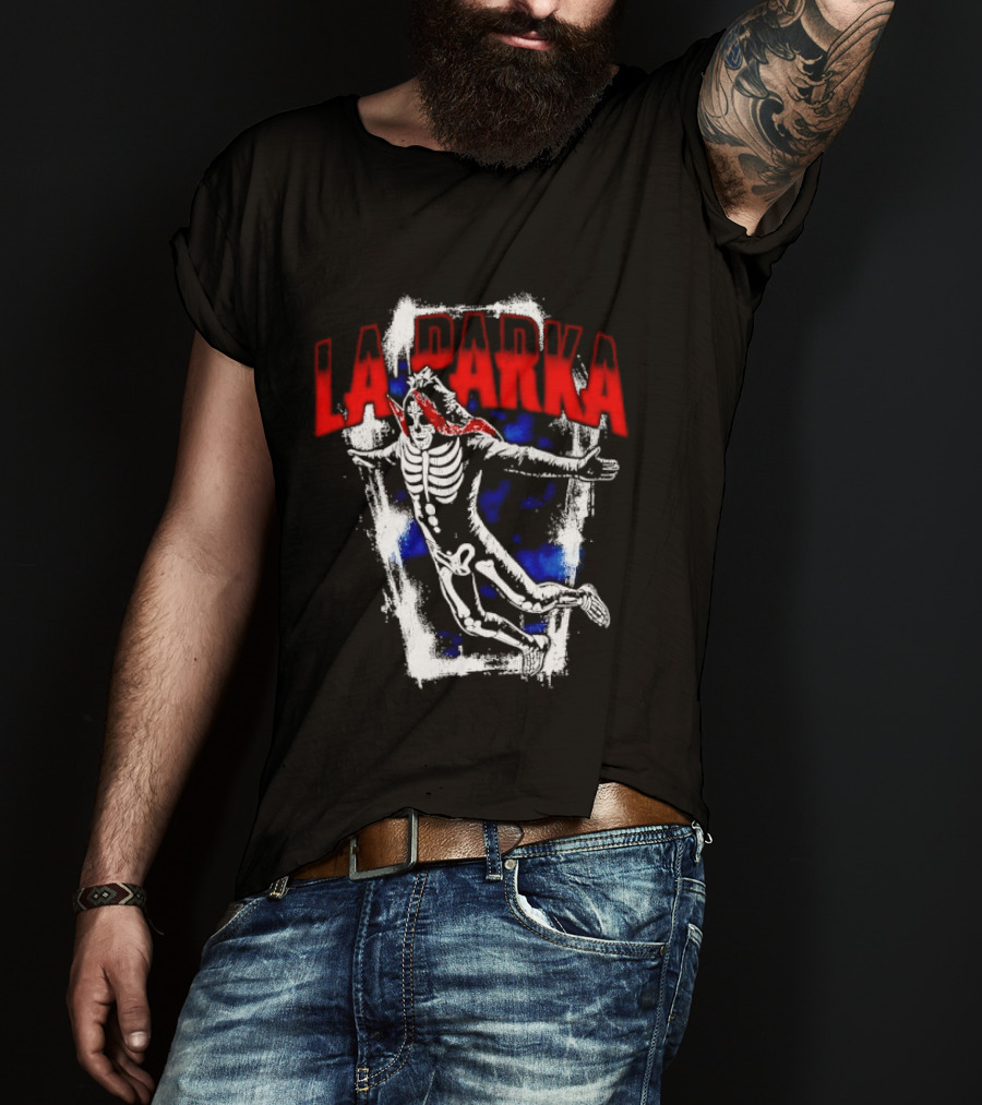LA Parka Masked Skeleton Wrestler Jumping Distressed Frame T-Shirt