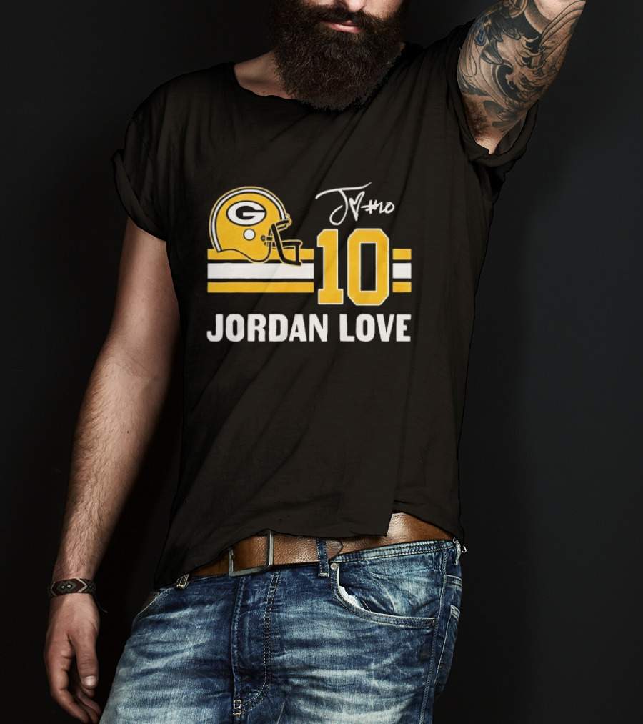 Green Bay Packers Jordan Love 10 Helmet Stripes JM Signature Distressed T-Shirt