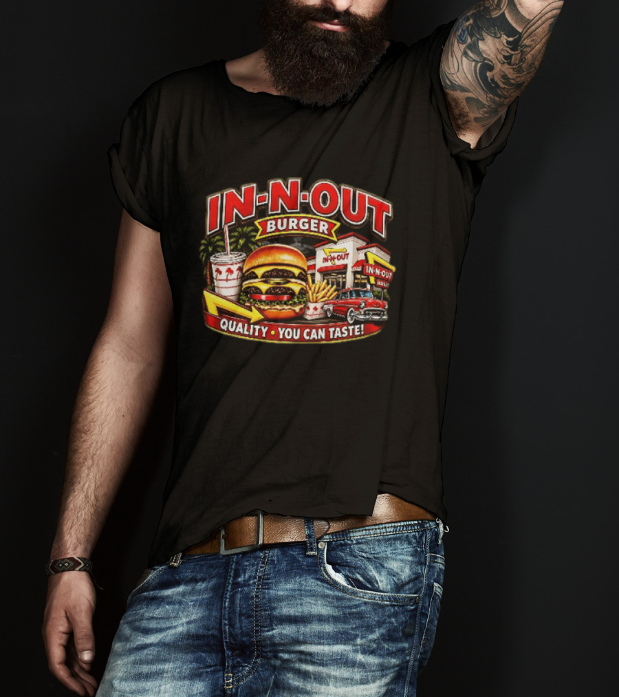 In N Out Burger Quality You Can Taste Palm Trees Classic Car Hamburger Fries Retro Restaurant Scene T-Shirt