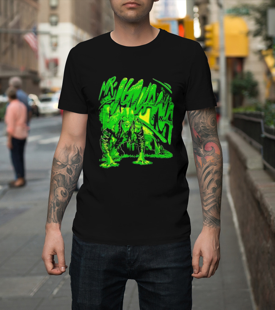 Mr Iguana Crouching Mexican Luchador Green Lizard Scale Graffiti T-Shirt
