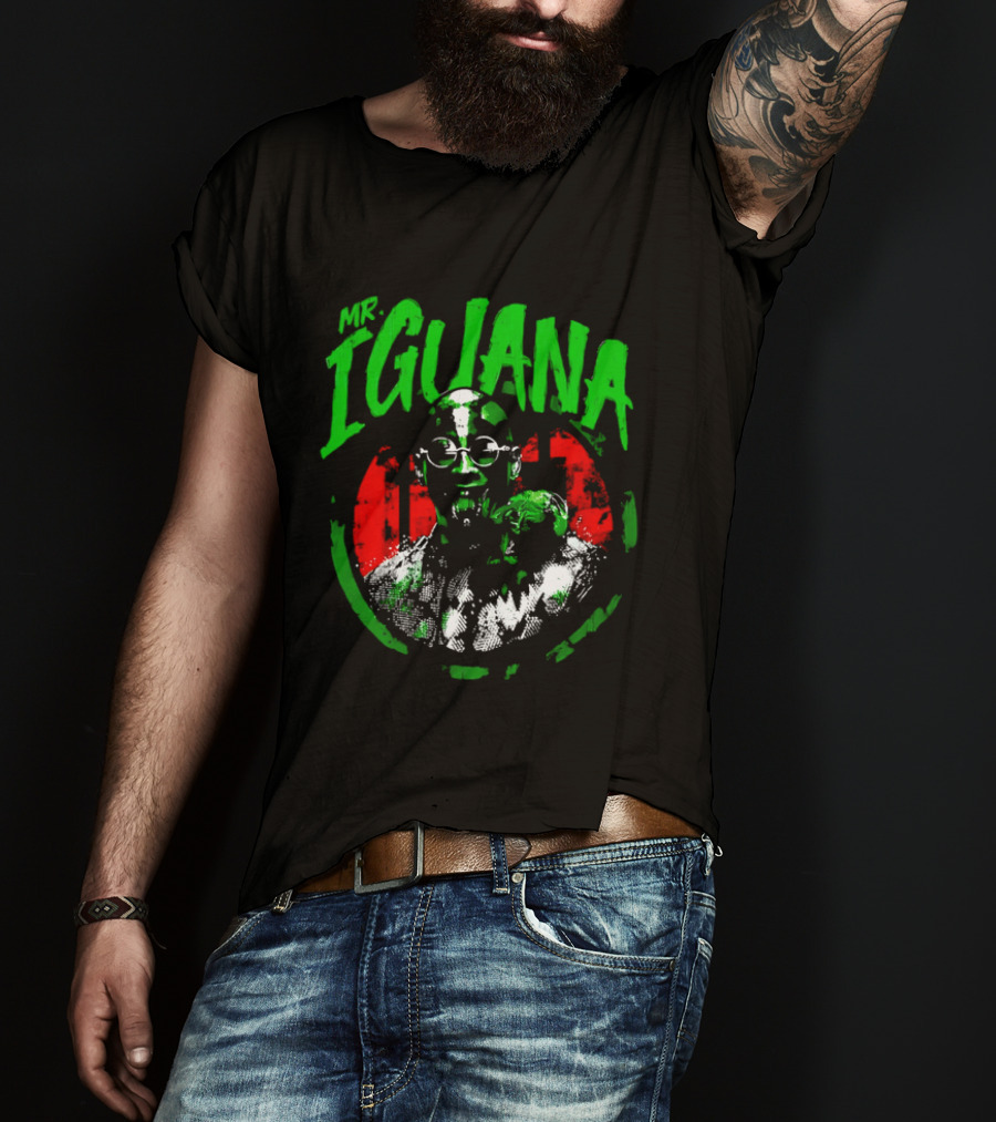 Mr Iguana Man Round Sunglasses Lizard Red Distressed Bootleg T-Shirt